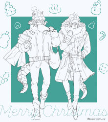 Rule 34 | 2boys, animal ear headwear, aqua background, artist name, au ra, bag, beanie, boned meat, boots, box, candy, candy cane, christmas, closed eyes, coat, commentary, fake animal ears, fangs, final fantasy, final fantasy xiv, food, full body, fur-trimmed boots, fur collar, fur trim, gift, gift box, hand in pocket, hands up, hat, highres, holding, holding bag, holding food, holding gift, horns, jacket, karuo (oooruka cr), long sleeves, low horns, male focus, meat, merry christmas, multiple boys, open mouth, pants, shopping bag, snowman, symbol-only commentary, tail, twitter username, walking, warrior of light (ff14), winter clothes