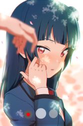 Rule 34 | 10s, 1girl, blue hair, blue jacket, blurry, blurry foreground, blush, hair bun, hand on own cheek, hand on own face, jacket, long hair, long sleeves, looking at viewer, love live!, love live! sunshine!!, open mouth, out of frame, petals, purple eyes, sellel, side bun, single side bun, solo, solo focus, tsushima yoshiko, upper body