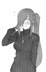 Rule 34 | 1girl, alternate hairstyle, blush, breasts, burn scar, commentary, english commentary, eyes visible through hair, flying sweatdrops, greyscale, hair over one eye, tucking hair, ikezawa hanako, jewelry, katawa shoujo, long hair, long sleeves, looking at viewer, medium breasts, monochrome, necklace, ponytail, ribbed sweater, scar, sidelocks, simple background, smile, solo, sweater, turtleneck, turtleneck sweater, twrlare, white background