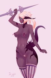 Rule 34 | 10s, 1girl, arm up, au ra, blonde hair, blue eyes, breasts, colored skin, dragon tail, female pubic hair, final fantasy, final fantasy xiv, grey skin, highres, horns, nipple piercing, nipples, nude, piercing, pubic hair, pussy, scale, smile, solo, tail, tesomu, thighhighs, uncensored