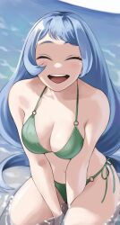 Rule 34 | 1girl, absurdres, beach, bikini, blue hair, boku no hero academia, breasts, cleavage, closed eyes, day, fengling (furin-jp), green bikini, hadou nejire, highres, large breasts, light blue hair, long hair, navel, ocean, open mouth, outdoors, partially submerged, side-tie bikini bottom, solo, swimsuit, v arms, very long hair