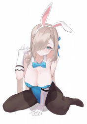Rule 34 | 1girl, animal ear hairband, animal ears, asuna (blue archive), black pantyhose, blonde hair, blue archive, blue bow, blue bowtie, blue eyes, blue leotard, bow, bowtie, breasts, cleavage, collar, collarbone, elbow gloves, fake animal ears, gloves, grin, hair over one eye, hairband, hand up, highres, large breasts, leotard, long hair, looking at viewer, mole, mole on breast, pantyhose, playboy bunny, rabbit ear hairband, rabbit ears, shou xun bu liang, simple background, sitting, smile, solo, wariza, white background, white collar, white gloves, white hairband