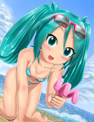 Rule 34 | 00s, 1girl, absurdres, all fours, aqua eyes, aqua hair, beach, bikini, blush, breasts, cleavage, cloud, collarbone, eyewear on head, glasses, hatsune miku, highres, kazu-chan, kneeling, long hair, looking at viewer, matching hair/eyes, ocean, open mouth, outdoors, sky, small breasts, solo, striped bikini, striped clothes, sunglasses, swimsuit, twintails, vocaloid, water