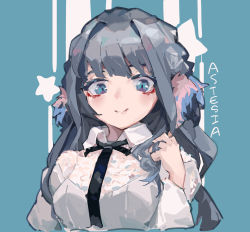 Rule 34 | 1girl, aqua background, arknights, astesia (arknights), black neckwear, blue eyes, character name, closed mouth, grey hair, highres, long hair, see-through, smile, solo, star (symbol), tongue, tongue out, upper body, zygocactus