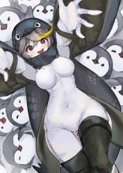 Rule 34 | 1girl, :d, absurdres, animal, animal costume, animal hood, arms up, bird, black footwear, blurry, bodysuit, boots, breasts, commentary, covered navel, depth of field, empress (last origin), eyes visible through hair, feet out of frame, from above, grey hair, highres, hood, jknor, large breasts, last origin, looking at viewer, lying, on back, open mouth, penguin, penguin costume, penguin hood, reaching, reaching towards viewer, smile, solo, thigh boots, thighhighs, wide hips