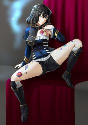 Rule 34 | 1girl, armor, bare shoulders, black hair, bloodstained: ritual of the night, bloomers, blue eyes, boots, breasts, brown hair, cameltoe, crossed bangs, detached sleeves, fire, flower, full body, gradient hair, hair between eyes, hair ornament, haruhisky, highres, horn ornament, horns, knee boots, miriam (bloodstained), multicolored hair, solo, spread legs, tagme, underwear