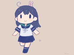 Rule 34 | 1girl, ahoge, animal, animal on head, black hair, black socks, blue sailor collar, blue skirt, brown background, chibi, commentary request, fuzino, grey background, highres, kantai collection, kneehighs, long hair, looking at viewer, on head, pleated skirt, rabbit, rabbit on head, sailor collar, school uniform, serafuku, simple background, skirt, smile, socks, solid oval eyes, solo, ushio (kancolle), walking