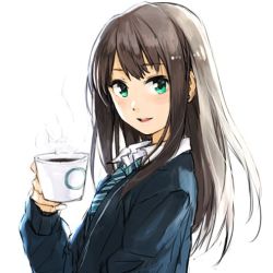 Rule 34 | 10s, 1girl, blush, brown hair, coffee, green eyes, hand in pocket, hungry clicker, idolmaster, idolmaster cinderella girls, long hair, long sleeves, looking at viewer, necktie, open mouth, school uniform, shibuya rin, smile, solo, upper body
