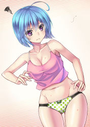 Rule 34 | 1girl, :&lt;, ahoge, annoyed, bad id, bad pixiv id, bare arms, bare shoulders, blue hair, bob cut, bow, bow panties, breasts, bug, bug bite, camisole, cleavage, collarbone, cowboy shot, dutch angle, frown, hand on own hip, insect, large breasts, lowleg, lowleg panties, mosquito, navel, original, panties, polka dot, polka dot panties, purple eyes, short hair, slit pupils, solo, squiggle, striped, striped background, underwear, underwear only, yazaki yuuji