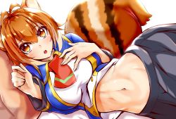 Rule 34 | 1girl, :o, animal ears, antenna hair, black skirt, blazblue, blue jacket, blush, breasts, brown eyes, brown hair, chukachuka, clothes lift, collared jacket, commentary request, cowboy shot, groin, hair between eyes, highres, jacket, jacket lift, large breasts, long sleeves, looking at viewer, lying, makoto nanaya, midriff, multicolored hair, navel, on side, pillow, red neckwear, school uniform, short hair, sidelocks, simple background, skirt, solo, squirrel ears, squirrel girl, squirrel tail, tail, taut clothes, teeth, toned, two-tone hair, upper teeth only, white background
