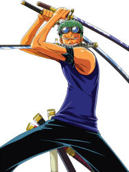 Rule 34 | 1boy, absurdres, earrings, fighting stance, goggles, goggles on head, green hair, highres, holding, holding sword, holding weapon, jewelry, katana, looking at viewer, male focus, mouth hold, multiple swords, one piece, pirate, roronoa zoro, sandai kitetsu, serious, sheath, skypiea, solo, sword, swordsman (fgo516824681), tank top, triple wielding, vector trace, wado ichimonji, weapon, white background, yubashiri