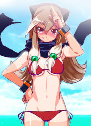 Rule 34 | 1girl, animal ears, aq interactive, arcana heart, arcana heart 2, artist request, bikini, blush, bracelet, breasts, brown eyes, brown hair, cleavage, hair bobbles, hair ornament, hand on own hip, inuwaka akane, jewelry, long hair, looking at viewer, medium breasts, navel, panties, salute, scarf, side-tie panties, smile, standing, stomach, swimsuit, tan, tongue, tongue out, underwear