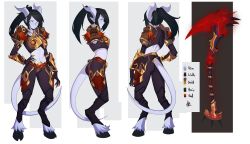 Rule 34 | 1girl, black hair, black pants, character sheet, closed mouth, color guide, colored skin, distr, draenei, finger cots, grey background, grey eyes, grey skin, hand on own hip, highres, hooves, horns, long hair, looking at viewer, midriff, navel, original, pants, ponytail, profile, tail, warcraft, world of warcraft