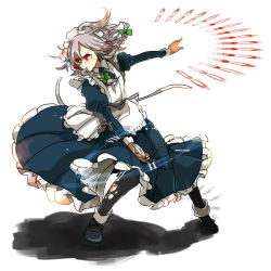 Rule 34 | 1girl, bad id, bad pixiv id, clock, female focus, full body, hairband, izayoi sakuya, knife, maid, pocket watch, popoin, red eyes, ribbon, short hair, silver hair, solo, throwing knife, torn clothes, touhou, watch, weapon, white background