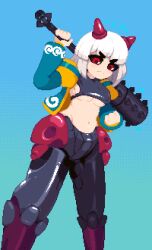 Rule 34 | 1girl, black sclera, blue background, blush, breasts, clenched hand, colored sclera, covered erect nipples, dithered background, electricity, frown, holding, holding mace, holding weapon, horns, jacket, looking at viewer, looking down, mace, mecha musume, medium breasts, minimilieu, navel, original, pixel art, red eyes, solo, tank top, thick eyebrows, underboob, weapon, white hair