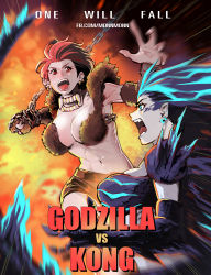 Rule 34 | 2girls, abs, absurdres, battle, blue eyes, breasts, chain, copyright name, crossover, dora-demon, emphasis lines, godzilla, godzilla (series), godzilla vs. kong, highres, huge filesize, king kong, king kong (series), large breasts, legendary pictures, monster girl, monsterverse, multicolored hair, multiple girls, open mouth, personification, pointy ears, punching, red eyes, short hair, shoulder spikes, spikes, tail, toho, two-tone hair, weapon