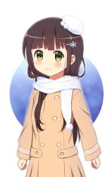 Rule 34 | 1girl, bad id, bad twitter id, blunt bangs, blush, breasts, brown hair, closed mouth, coat, commentary request, cowboy shot, deyui, gochuumon wa usagi desu ka?, green eyes, hair ornament, hairpin, hat, long hair, long sleeves, looking at viewer, mini hat, pom pom (clothes), scarf, small breasts, smile, snowflake hair ornament, solo, standing, trench coat, two-tone background, ujimatsu chiya, white hat, white scarf
