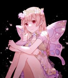 Rule 34 | 1girl, bad id, bad pixiv id, black background, brown hair, closed mouth, copyright request, fairy wings, feet out of frame, flower, hair flower, hair ornament, head wreath, highres, long hair, looking at viewer, migolu, red eyes, see-through, short sleeves, sitting, smile, solo, wings