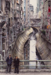 Rule 34 | 2boys, air conditioner, alley, ballpoint pen (medium), bridge, bronco, city, cityscape, hands in pockets, making-of available, multiple boys, original, real world location, reflection, river, shibuya (tokyo), tokyo (city), traditional media
