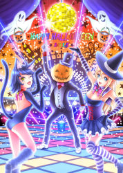 Rule 34 | 1boy, 2girls, animal ears, ash (bgash0207), ass, black hair, blonde hair, blue eyes, blush, breasts, cat ears, cat tail, cleavage, dance floor, disco ball, ghost, gloves, halloween, jack-o&#039;-lantern, kneehighs, large breasts, long hair, looking at viewer, multiple girls, one eye closed, open mouth, original, pumpkin, saturday night fever, short hair, smile, socks, striped clothes, striped legwear, striped thighhighs, tail, thighhighs, white gloves, yellow eyes