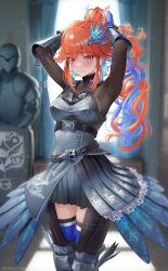 Rule 34 | 1girl, absurdres, armor, armpits, arms up, belt, bird hair ornament, blue hair, earrings, feather earrings, feathers, fingerless gloves, gauntlets, gloves, hair ornament, highres, hololive, hololive english, jewelry, kanata cream, long hair, looking at viewer, multicolored hair, official alternate costume, orange hair, pleated skirt, ponytail, purple eyes, skirt, smile, solo, takanashi kiara, takanashi kiara (knight), virtual youtuber