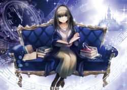 Rule 34 | 1girl, black hair, black legwear, blue eyes, blush, book, breasts, commentary request, couch, full body, glass slipper, hachijou asa, hairband, high heels, highres, holding, holding book, idolmaster, idolmaster cinderella girls, jewelry, long hair, looking at viewer, necklace, off-shoulder, off-shoulder sweater, on couch, pendant, ribbed sweater, sagisawa fumika, shawl, sitting, solo, sweater