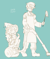 Rule 34 | 1boy, 1girl, 2015, ahoge, apron, blue background, boots, bow, buttons, chabi (amedama), cleaning, dated, dress, duster, electric plug, eye contact, frilled apron, frilled hat, frilled sleeves, frills, full body, glasses, hat, hat bow, head scarf, holding, japanese clothes, kirisame marisa, legs together, long hair, long sleeves, looking at another, looking down, looking to the side, looking up, mary janes, monochrome, morichika rinnosuke, no mouth, pointing, semi-rimless eyewear, shirt, shoes, simple background, sitting, socks, spot color, touhou, turtleneck, under-rim eyewear, unplugged, vacuum cleaner, vest, waist apron, walking, wavy hair, witch hat, | |