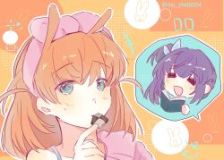 Rule 34 | +++, 2girls, = =, animal ears, aqua eyes, arial (font), blush, book, bow, bow hairband, checkerboard cookie, chibi, chibi inset, collarbone, commentary, cookie, crossed bangs, food, food in mouth, hair bun, hair ornament, hairband, hinoshita kaho, holding, holding book, kemonomimi mode, link! like! love live!, long hair, looking at viewer, love live!, medium hair, mouth hold, multiple girls, off shoulder, orange background, orange hair, otomune kozue, pink bow, pink hairband, purple hair, rabbit ears, rabbit hair ornament, side ponytail, sidelocks, single side bun, sweatdrop, symbol-only commentary, twitter username, two side up, virtual youtuber, woodonly