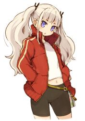 Rule 34 | 1girl, bad id, bad twitter id, bike shorts, blue eyes, blush, character request, grey hair, hands in pockets, jacket, long hair, looking at viewer, mota, navel, open mouth, simple background, solo, twintails, white background