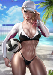 Rule 34 | 1girl, abs, adapted costume, artist name, asymmetrical hair, ball, baseball cap, beach, bikini, bikini bottom only, blonde hair, blue eyes, blurry, blurry background, breasts, character name, cleavage, cloud, collarbone, colored tips, contrapposto, cowboy shot, cropped jacket, dandon fuga, day, eyebrow piercing, gluteal fold, gumroad username, gwen stacy, hat, highres, holding, holding ball, holding clothes, holding hat, jacket, looking at viewer, marvel, medium breasts, medium hair, multicolored clothes, multicolored hair, multicolored jacket, muscular, navel, ocean, one eye closed, outdoors, palm leaf, partially unzipped, patreon username, piercing, pink hair, pinup (style), shore, silk, sky, smile, solo, spider-gwen, spider-man: into the spider-verse, spider-man (series), spider-verse, spider web print, standing, swimsuit, tan, thick thighs, thighs, volleyball, volleyball (object), white hat, xo, zipper pull tab