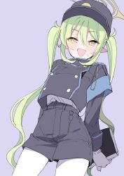 Rule 34 | 1girl, black hat, black jacket, black shorts, blue archive, blush, cowboy shot, fang, gloves, green hair, green halo, halo, hat, highlander twintails conductor (blue archive), highres, holding, jacket, long hair, long sleeves, looking at viewer, open mouth, pantyhose, peaked cap, pointy ears, purple background, shorts, simple background, skin fang, smile, solo, twintails, uchino maiko, white gloves, white pantyhose, yellow eyes