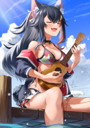 Rule 34 | 1girl, :d, animal ear fluff, animal ears, barefoot, bikini, bikini under clothes, black choker, black hair, blue sky, breasts, choker, closed eyes, cloud, commentary request, day, fangs, guitar, hair ornament, halterneck, highres, holding, holding instrument, hololive, instrument, kito koruta, long hair, medium breasts, multicolored hair, ookami mio, ookami mio (hololive summer 2019), open mouth, outdoors, red hair, side-tie bikini bottom, signature, sitting, sky, smile, solo, streaked hair, string bikini, swimsuit, tail, teeth, upper teeth only, virtual youtuber, water, wolf ears, wolf tail