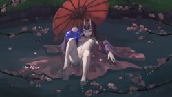 Rule 34 | :d, barefoot, breasts, cherry blossoms, cleft of venus, fate/grand order, fate (series), gourd, grass, horns, image sample, japanese clothes, navel, nipples, nude, open mouth, paintrfiend, purple eyes, purple hair, pussy, short hair, shuten douji (fate), skin-covered horns, small breasts, smile, tongue, tongue out, tumblr sample, umbrella, water