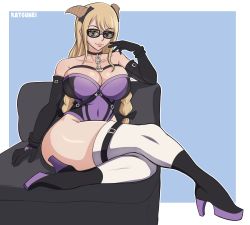 Rule 34 | 1girl, absurdres, artist name, ass, bare shoulders, black gloves, blonde hair, breasts, chain, cleavage, collar, collarbone, elbow gloves, fairy tail, fairy tail: dragon cry, female focus, full body, gloves, heels, highres, horns, katsunei, large breasts, long hair, looking at viewer, lucy heartfilia, navel, sitting, solo, sunglasses, tagme, thighhighs, thighs, tinted eyewear