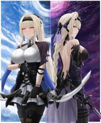 Rule 34 | 1girl, absurdres, archstreal, back, bare shoulders, bianca: stigmata (punishing: gray raven), bianca (punishing: gray raven), black gloves, blonde hair, blush, bow (weapon), breasts, commentary, english commentary, gloves, hair ornament, highres, holding, holding bow (weapon), holding weapon, large breasts, long hair, looking at viewer, mole, mole under eye, multiple views, parted lips, punishing: gray raven, purple eyes, purple lips, smile, weapon, yellow eyes