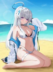 Rule 34 | absurdres, beach, blue archive, blue necktie, breasts, grey hair, halo, head tilt, headgear, headphones, highres, jacket, jacket partially removed, large breasts, looking at viewer, navel, necktie, noa (blue archive), purple eyes, sand, sky, smile, sunlight, swimsuit, thighs, tokiyanagi, two-sided fabric, two-sided jacket, white hair, white halo, white jacket