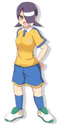 Rule 34 | 1girl, arm behind back, blush, breasts, full body, hair over one eye, hand on own hip, highres, inazuma eleven (game), inazuma eleven (series), inazuma eleven go, multicolored eyes, multicolored hair, open mouth, purple hair, raimon, raimon soccer uniform, red eyes, shiny skin, simple background, soccer uniform, solo, sportswear, white background, white hair, yellow eyes