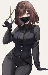 Rule 34 | 1girl, absurdres, arm belt, arm support, belt, black collar, black gloves, black mask, black necktie, black pants, black shirt, black vest, blunt bangs, blunt ends, breasts, brown hair, collar, collared shirt, commentary, cowboy shot, gloves, hair ornament, hair over one eye, hand up, highres, holding, holding scissors, large breasts, long sleeves, looking at viewer, mask, medium hair, mouth mask, necktie, one eye covered, original, pants, purple eyes, scissors, shirt, simple background, solo, takehana note, thigh gap, vest, white background, x hair ornament