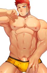 Rule 34 | 1boy, abs, bad id, bad twitter id, bara, blue eyes, blush, boxer briefs, bulge, cowboy shot, heterochromia, hidora art, highres, large pectorals, long sideburns, looking at viewer, male focus, male pubic hair, male underwear, male underwear pull, muscular, muscular male, navel, nipples, orange eyes, pectorals, penis, penis peek, pointing, pointing at self, pollux (housamo), pout, pubic hair, pulled by self, red hair, short hair, sideburns, solo, stomach, thick thighs, thighs, tokyo houkago summoners, underwear, underwear only, white background, yellow male underwear