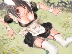 Rule 34 | 1girl, :o, animal ears, apron, arm support, black hair, blush, breasts, cleavage, garter straps, grass, large breasts, looking back, maid, maid apron, nature, on ground, open mouth, outdoors, rabbit ears, red eyes, short hair, solo, sweat, thighhighs, white thighhighs, wrist cuffs, zerry, zerry fujio