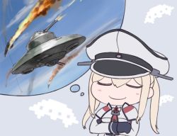 Rule 34 | 1girl, black gloves, blonde hair, blush, capelet, crossed arms, closed eyes, gloves, graf zeppelin (kancolle), hair between eyes, hat, imagining, kantai collection, long hair, long sleeves, military, military uniform, peaked cap, rokuwata tomoe, sidelocks, smile, solo, twintails, ufo, uniform, upper body
