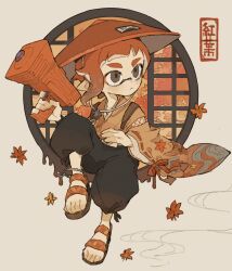 Rule 34 | 1boy, autumn leaves, black hakama, brown eyes, brown hair, brown hat, commentary request, gun, hakama, haori, hat, highres, holding, holding gun, holding weapon, inkling, inkling boy, inkling player character, invisible chair, japanese clothes, nintendo, p0m4 p0m4, rice hat, sandals, short hair, simple background, sitting, solo, splatoon (series), splattershot jr (splatoon), weapon, white background, zouri