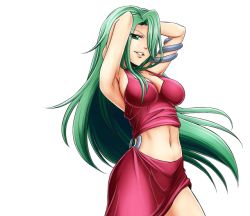 Rule 34 | 1girl, breasts, cleavage, green eyes, green hair, hair over one eye, large breasts, long hair, looking at viewer, matching hair/eyes, midriff, navel, official art, rave, reina (rave)