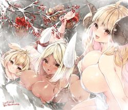 Rule 34 | 218, 3girls, ahoge, andira (granblue fantasy), anila (granblue fantasy), animal ears, ass, bare shoulders, blonde hair, blunt bangs, breasts, butt crack, cleavage, collarbone, commentary request, covering privates, dark-skinned female, dark skin, dated, granblue fantasy, hair between eyes, hairband, horns, jewelry, kumbhira (granblue fantasy), large breasts, long hair, looking at viewer, monkey, monkey ears, multiple girls, naked towel, nude cover, onsen, open mouth, parted bangs, pointy ears, sheep, sheep horns, short eyebrows, signature, small breasts, smile, towel, tree, yellow eyes