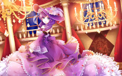 Rule 34 | 10s, 1girl, bare shoulders, chandelier, commentary request, curtains, detached sleeves, dress, floral print, flower, frilled dress, frilled sleeves, frills, green eyes, hacko, hat, hat flower, hat ribbon, indoors, looking at viewer, love live!, love live! school idol festival, love live! school idol project, night, open mouth, petals, purple hair, ribbon, smile, solo, strapless, strapless dress, tojo nozomi, window