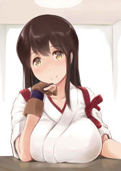Rule 34 | 10s, 1girl, absurdres, akagi (kancolle), blush, breast rest, breasts, brown eyes, brown hair, head rest, female focus, fingerless gloves, gloves, highres, japanese clothes, kantai collection, large breasts, long hair, looking at viewer, smile, solo, wa (genryusui)