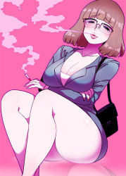 Rule 34 | 1girl, bag, bare legs, between fingers, black-framed eyewear, blue eyes, blue jacket, blue skirt, blunt bangs, bob cut, breast hold, breasts, brown hair, cigarette, cleavage, collarbone, crossed arms, curvy, eyebrows, eyelashes, facing away, fingernails, glasses, handbag, holding, holding cigarette, jacket, kafun, large breasts, leaning, leaning to the side, legs, lips, long sleeves, looking at viewer, mature female, miniskirt, mole, mole under eye, nail polish, open mouth, original, outline, pencil skirt, pink background, pink lips, pink nails, pink outline, reflection, semi-rimless eyewear, shiny skin, shirt, short hair, sitting, skirt, smoke, smoking, solo, tareme, thick thighs, thighs, v-neck, white shirt