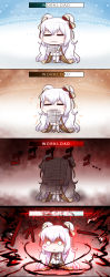 Rule 34 | 1girl, 4koma, = =, absurdres, aura, azur lane, blush stickers, bow, brown bow, closed eyes, closed mouth, comic, commentary request, dark aura, double bun, dress, english text, hair bow, hair bun, highres, holding, le malin (azur lane), long hair, long sleeves, o o, p ion, pantyhose, paper stack, parted lips, pleated dress, silver hair, striped, striped bow, sweat, trembling, very long hair, wavy mouth, white dress, white pantyhose