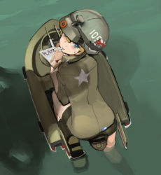Rule 34 | 1girl, blonde hair, blue eyes, boat, cigarette, cigarette pack, gradient background, helmet, kuuro kuro, magazine (object), military, military uniform, mouth hold, original, partially submerged, personification, pornography, short hair, smoking, soaking feet, solo, star (symbol), uniform, water, watercraft