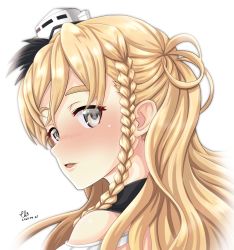 Rule 34 | 1girl, bare shoulders, blonde hair, blush, braid, commentary request, dated, french braid, grey eyes, hair between eyes, hat, highres, kantai collection, long hair, looking at viewer, looking back, mini hat, nose blush, parted lips, shirt, side braid, sidelocks, signature, simple background, smile, solo, thick eyebrows, tilted headwear, tk8d32, upper body, wavy hair, white background, white hat, white shirt, zara (kancolle), zara due (kancolle)